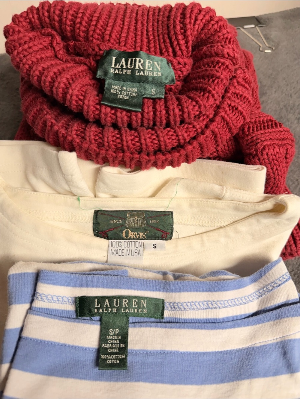 Lot of 3 Ralph Lauren & Orvis Tops: Red Cable Knit Sweater & Tees Sz Small - Picture 1 of 12